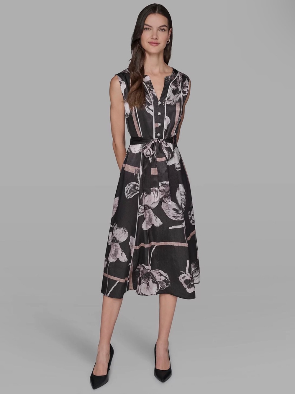 Karl Lagerfeld Black Midi Dress with Pale Pink Floral Print